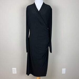 Lauren Ralph Lauren Dress Womens‎ 14 Black Surplice Wrap Ruched Long Sleeve LBD